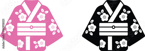 Pink and black kimono with white floral pattern japan