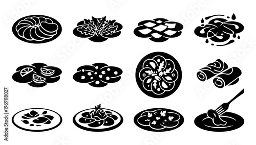 Obraz na płótnie Carpaccio Food Icon Set – Gourmet Appetizer Plates Silhouette Collection