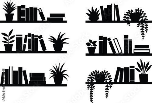 Black silhouette of bookshelves with potted plants
