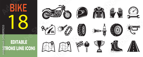 Bike icons, motorcycle symbols, editable stroke line icons, cycling graphics