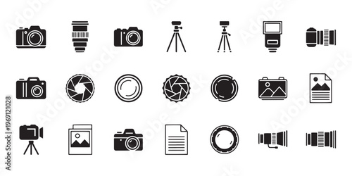 Camera icons, photography symbols, black vector graphics, 20 illustration set