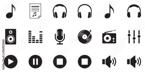 Music icons, audio symbols, sound effects, black vector graphics, 20 music and audio icons