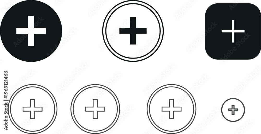 Fototapeta premium Plus Icon Set with Solid, Outline, Circle, and Square Variations for Digital Interfaces and App Design