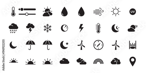 Weather icons, climate symbols, 25 black and white graphics, weather forecast elements, icon set