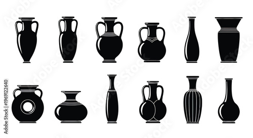 Historical collection of various black and white ceramic vases and jugs