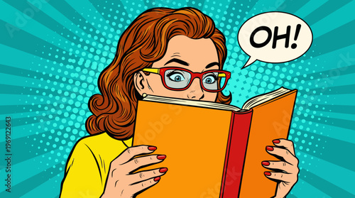 Stylized pop-art illustration of a surprised woman reading an orange book with glasses against a teal dynamic background.