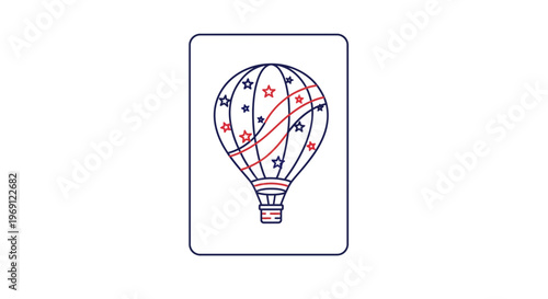 Minimalist line art depicting a festive hot air balloon with patriotic stars and wavy stripes design