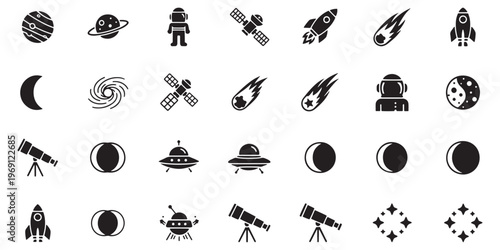 Space icons, astronomy symbols, black vector set, 25 elements, space exploration graphics