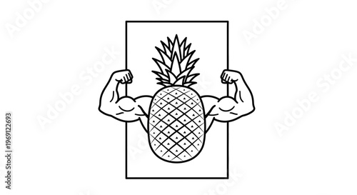 Humorous strong pineapple flexing muscular arms within a minimal rectangular frame design