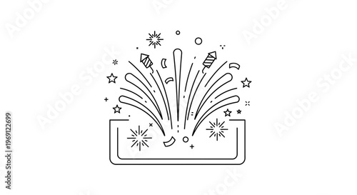Dynamic line art illustration of a festive fireworks display exploding with joy and celebration