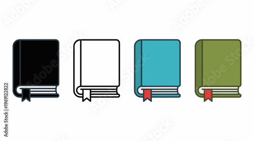 Set of four colorful hardcover books with ribbons and bookmarks on a white background