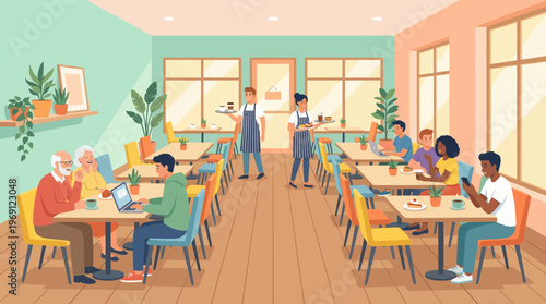 Diverse adult learners in a bright modern classroom participate in an in-person language class with natural light and plants