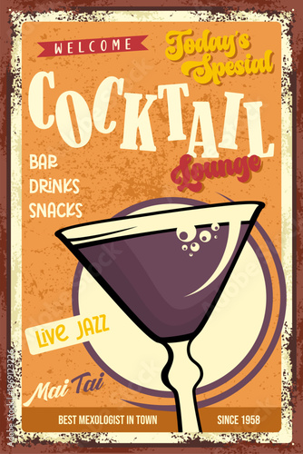 Vintage Retro Cocktail Lounge Poster with Mai Tai Drink Illustration