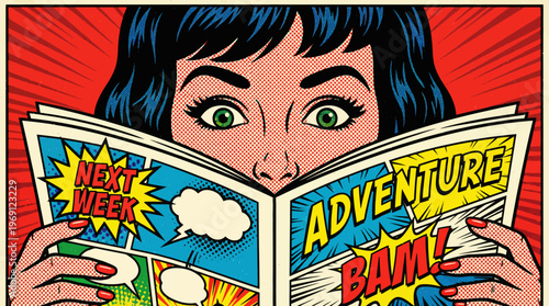 Close-up of a woman with black hair reading vibrant retro comic books in pop art style