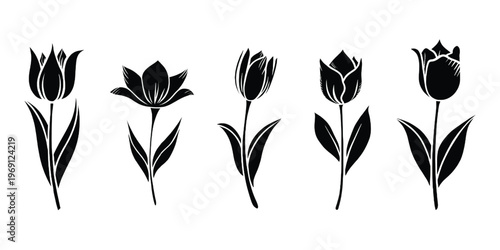 Five stylized black and white tulips arranged in a row with stems and leaves