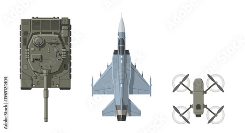 Military Vehicles Top View Vector Set: Battle Tank, Fighter Jet Aircraft, and Military Drone Isolated on White Background