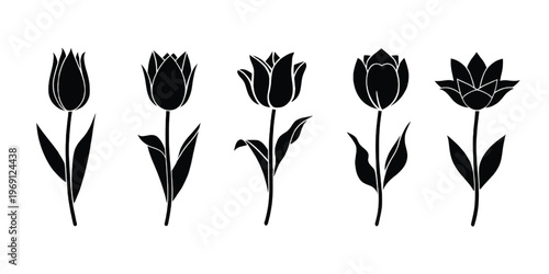 Five stylized black-and-white tulips standing upright in a row