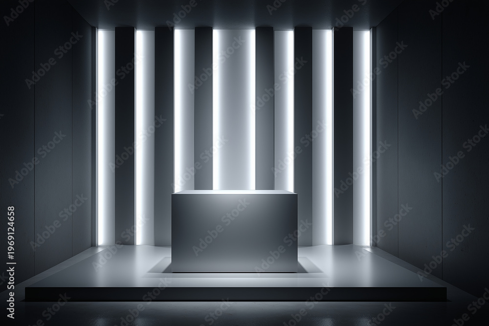 Fototapeta premium Brushed Aluminum Podium with Soft Glowing Vertical Slits in Futuristic Showroom