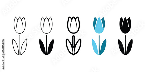 Series of stylized tulips in various shades and orientations on a plain background