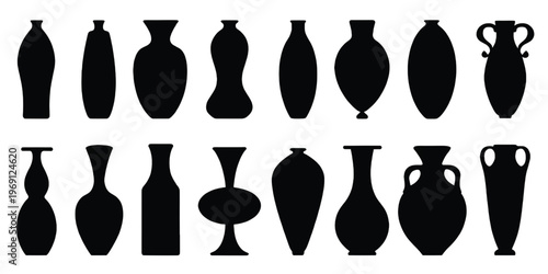 Assorted black silhouettes of various ancient and decorative ceramic vases and jars