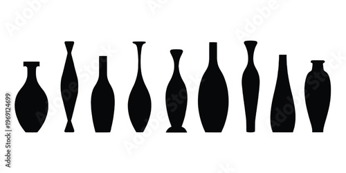 Collection of diverse black silhouette wine bottles in a linear arrangement