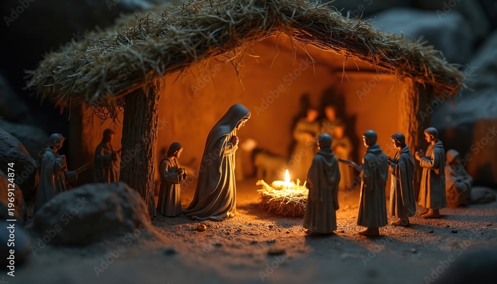 Fototapeta premium Nativity scene with Mary, Joseph, and shepherds gathered. A candle illuminates the holy birth in stable setting. Figures wear robes in dim warm light.