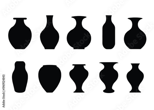 Array of stylized black silhouettes of ancient vases and jugs in two rows