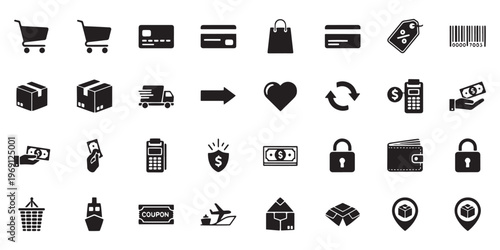 E-commerce icons, business symbols, web elements, 30 black vector graphics, payment and shopping signs