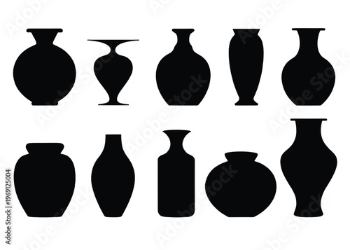 Assorted black silhouette vases arranged in two horizontal rows
