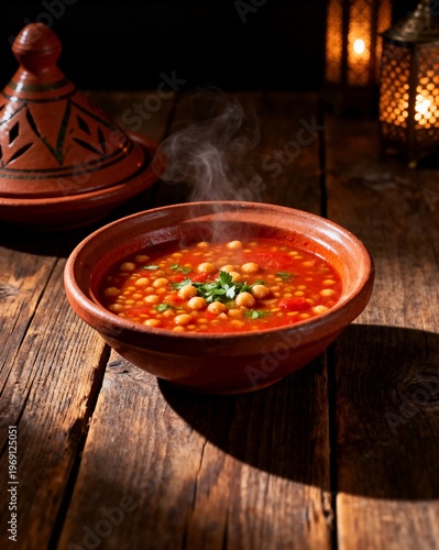 Steaming Bowl of Harira Soup with Chickpeas and Parsley