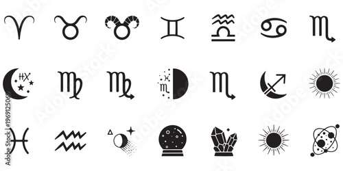 Zodiac signs, astrology symbols, vector icons, black on white, 12 horoscope symbols