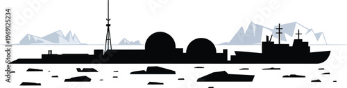 Arctic scene silhouette ships icebergs and research station