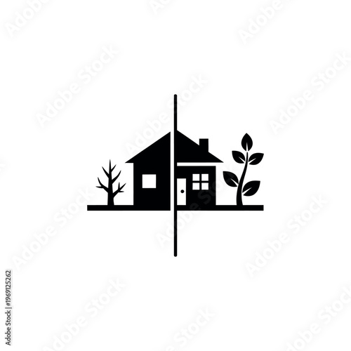 House with half dead and half living tree.