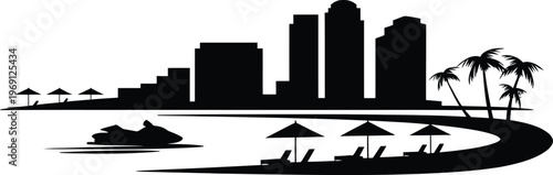 Coastal city beach resort with sun umbrellas lounge chairs jet ski and modern hotel skyscrapers