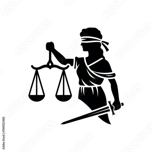 Lady Justice silhouette with scales and sword.