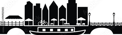 European cityscape canal with houses bridge boat bicycle and street lamps on transparent