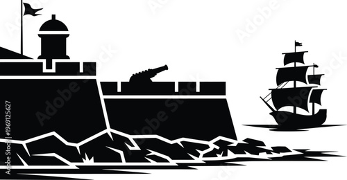 Historical fortress silhouette with defensive cannon and vintage sailing ship on rough shoreline