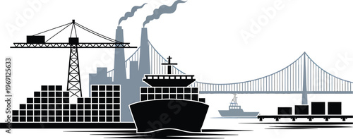 Industrial port with cargo ship cranes containers and bridge on transparent background