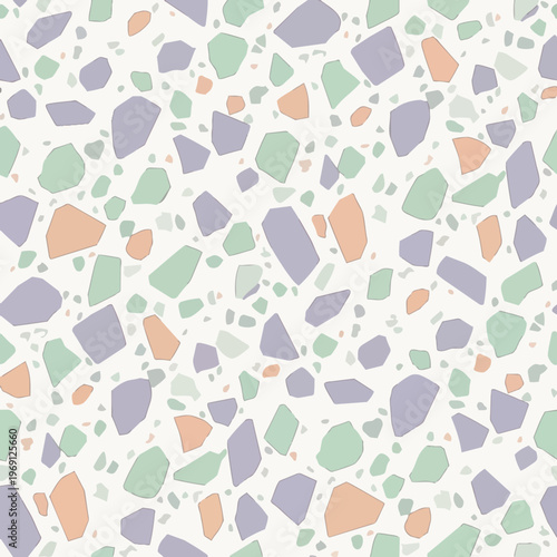 Modern seamless terrazzo pattern with pastel colored fragments on a white background, ideal for contemporary graphic design, textiles, and decorative surfaces.