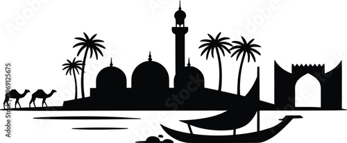 Middle eastern silhouette landscape with mosque minaret domes camels palm trees and dhow boat