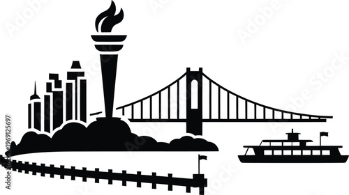 Modern city skyline silhouette with torch monument and suspension bridge near passenger ferry boat