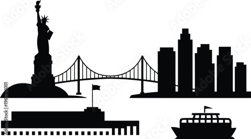 New york city skyline silhouette with statue of liberty and suspension bridge over harbor dock