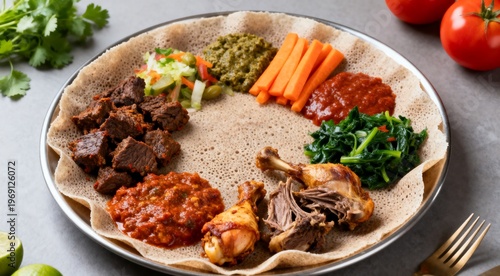 Authentic Ethiopian Platter with Injera Bread and Variety of Stews