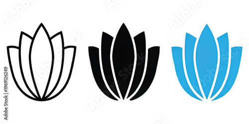 Three stylized floral icons in varying shades of blue and white