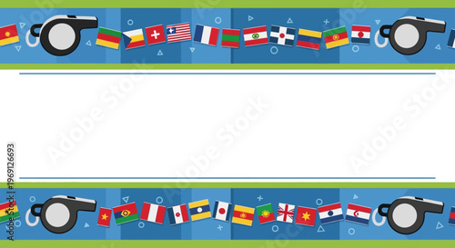 International Sports Competition Frame with Flags and Whistles, Copy Space