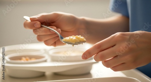 A close-up shot of a person's hands holding a spoon with food, ready to be served.