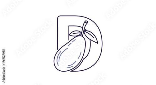 Minimalist mango fruit outline illustration with initial letter D branding design concept