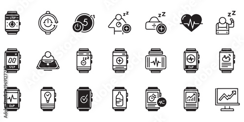 Smartwatch icons, wearable technology symbols, fitness tracker graphics, mobile device illustrations
