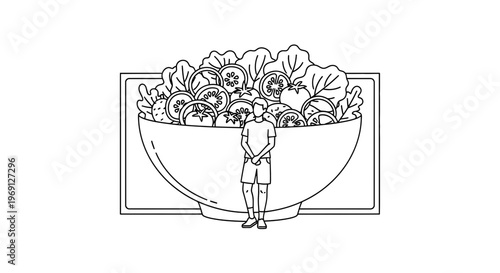 A small individual confronts a colossal bowl of fresh garden salad, symbolizing healthy food choices