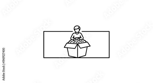 Minimalist icon illustrating a person handling a vast quantity of small items within a cardboard